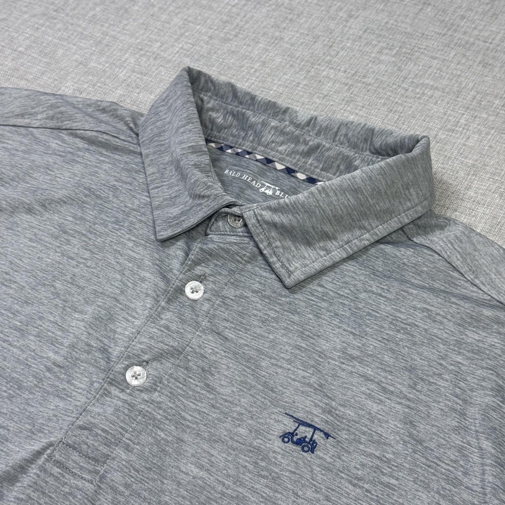 Bald Head Blues Golf Polo Shirt Mens L Gray Polyester Spandex Tagless Active